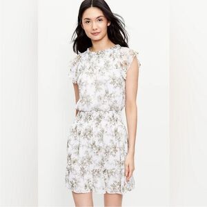 LOFT Smocked Tiered Flutter Sleeve Dress – Size L – Green & White